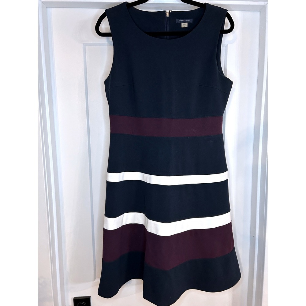 Tommy Hilfiger Navy Burgundy‎ White Colorblock Stripe Fit Flare Dress Size 12